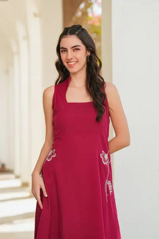 Cherry Red Embroidery Cotton Flex Dress