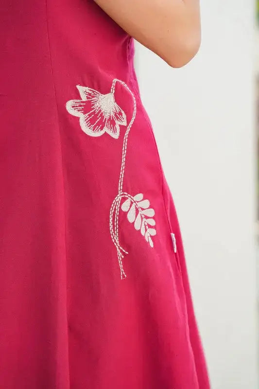 Cherry Red Embroidery Cotton Flex Dress