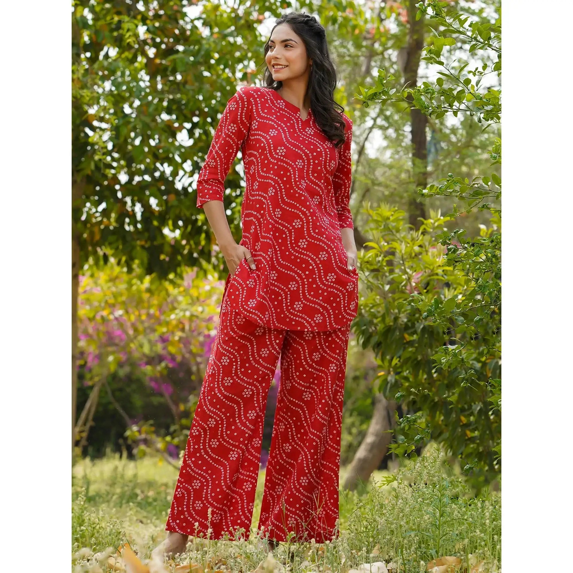 Patterned Bandhej on Red Cotton Loungewear Top Set