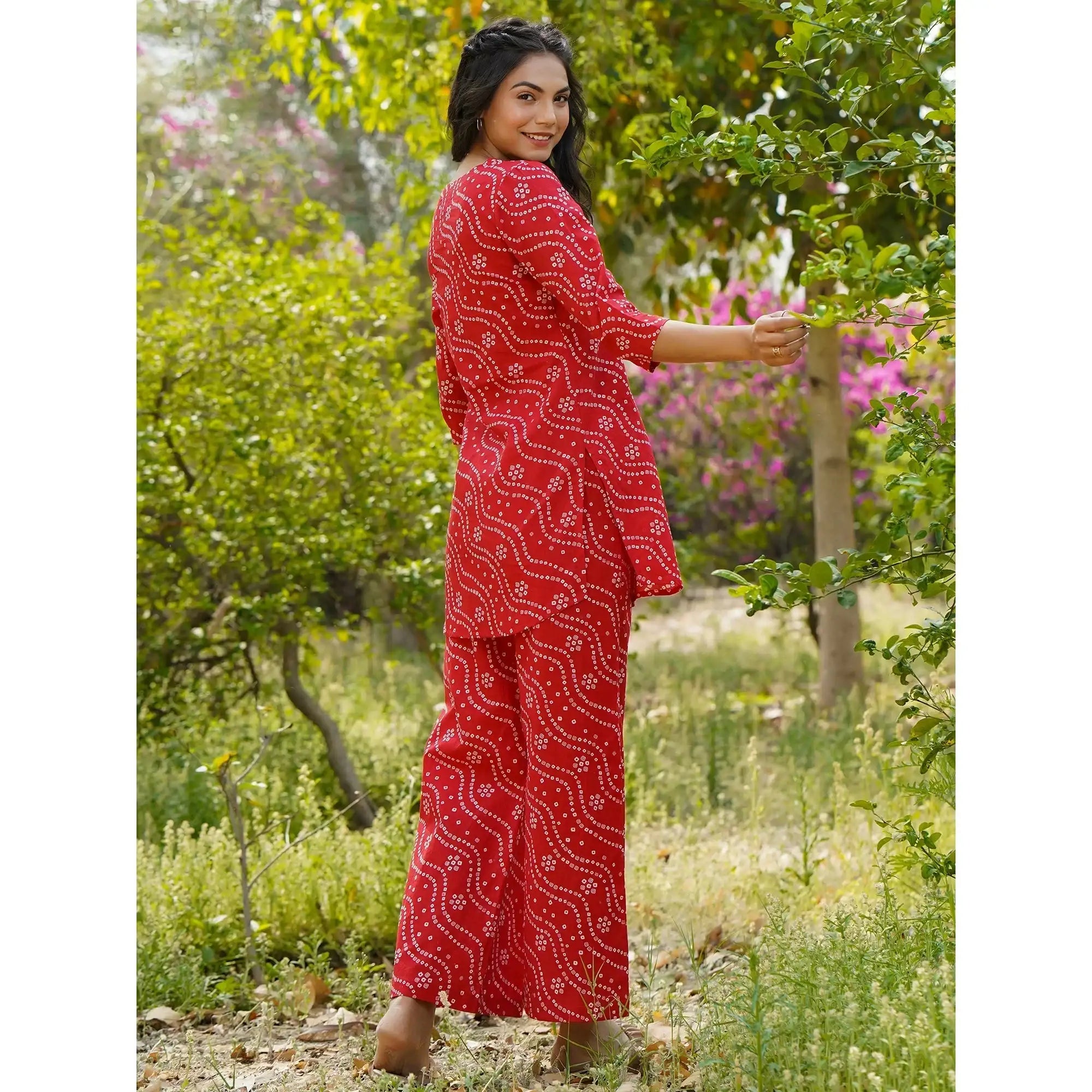 Patterned Bandhej on Red Cotton Loungewear Top Set