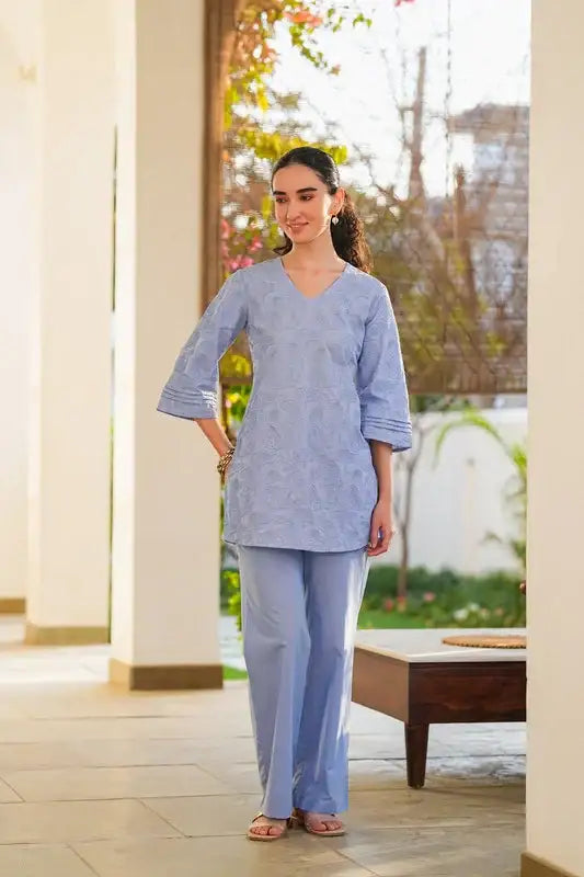 Powder Blue Whisper Embroidered Cotton Co-ord Set