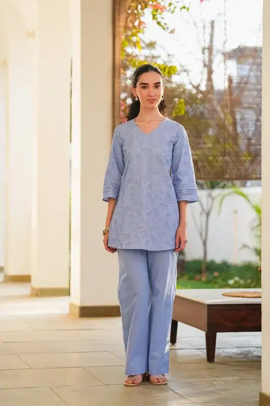 Powder Blue Whisper Embroidered Cotton Co-ord Set
