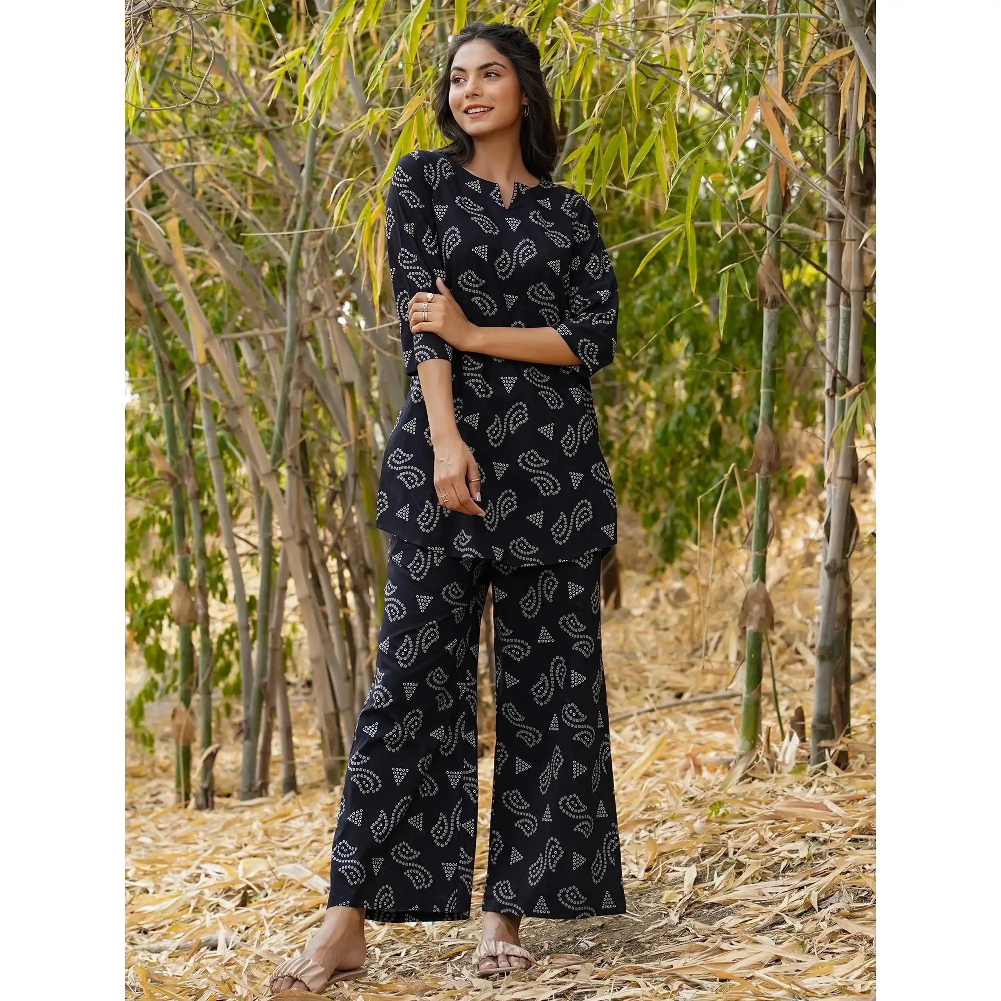 Patterned Bandhej on Black Cotton Loungewear Top Set