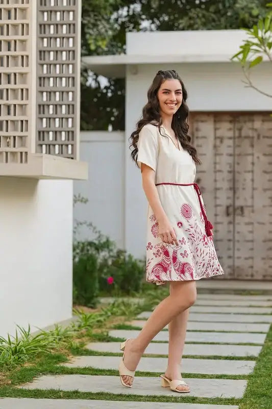 Ivory Blossom Belted Cotton Flex Dress