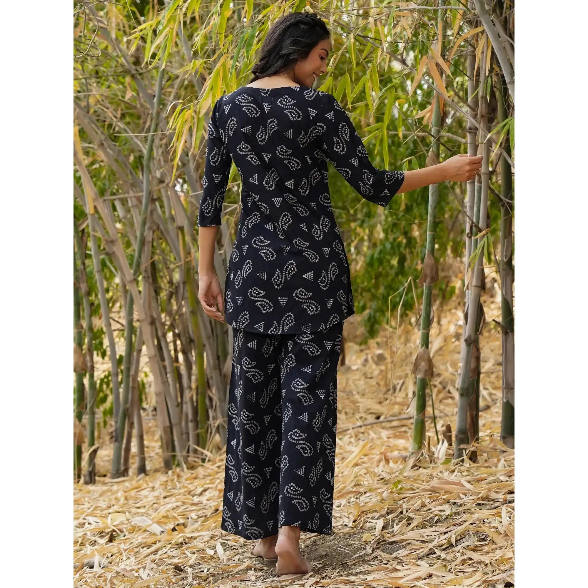 Patterned Bandhej on Black Cotton Loungewear Top Set