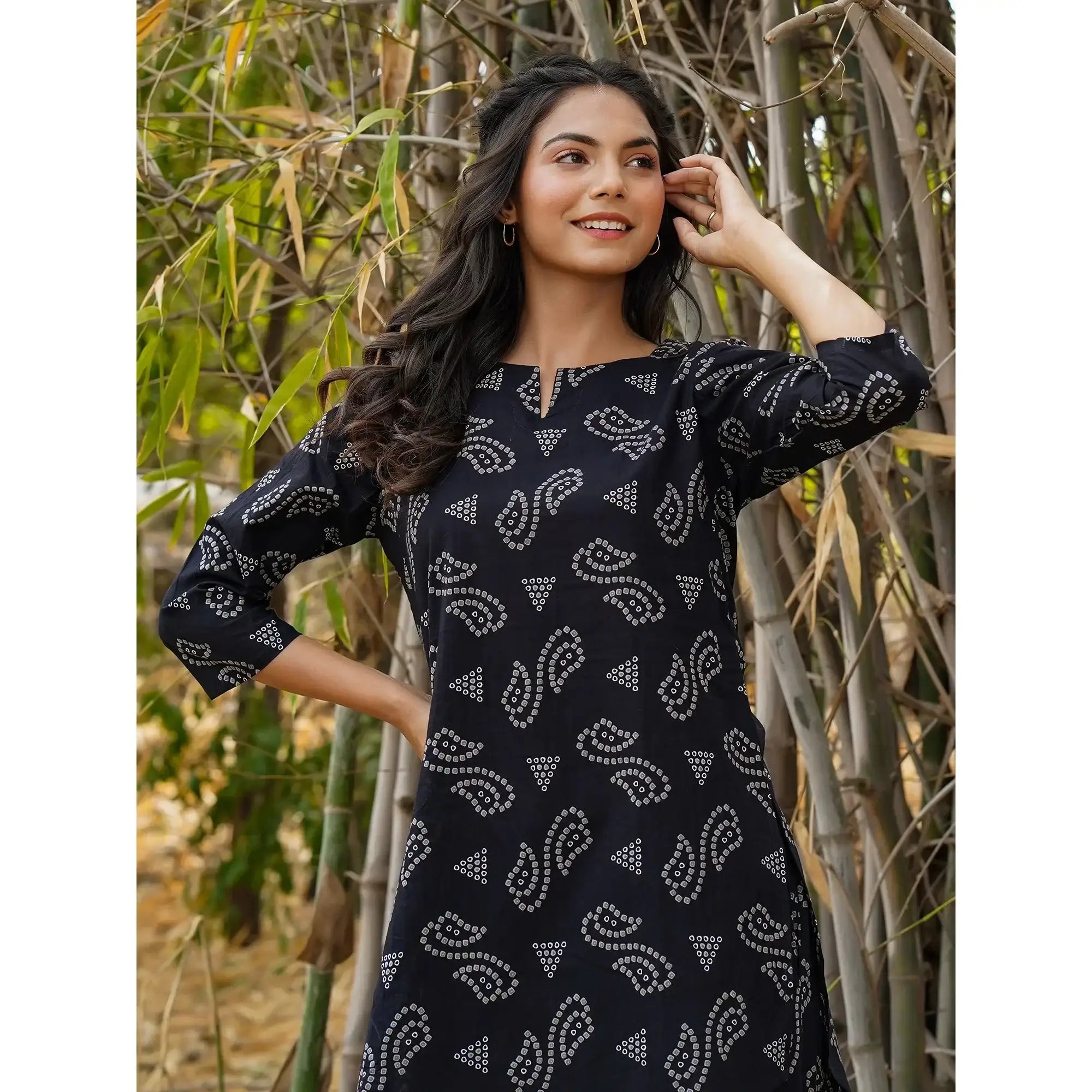 Patterned Bandhej on Black Cotton Loungewear Top Set