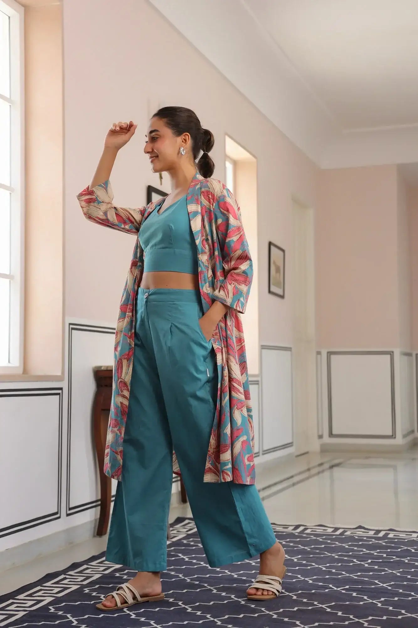 Blushing Blooms Pink And Aqua Blue Cotton Three Piece Co-ord set