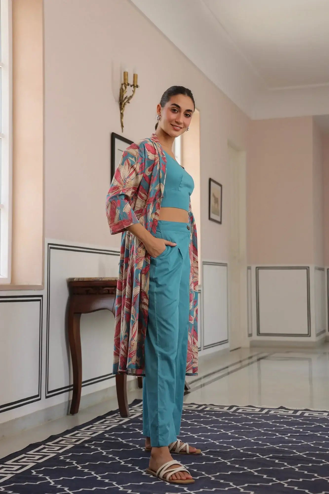 Blushing Blooms Pink And Aqua Blue Cotton Three Piece Co-ord set