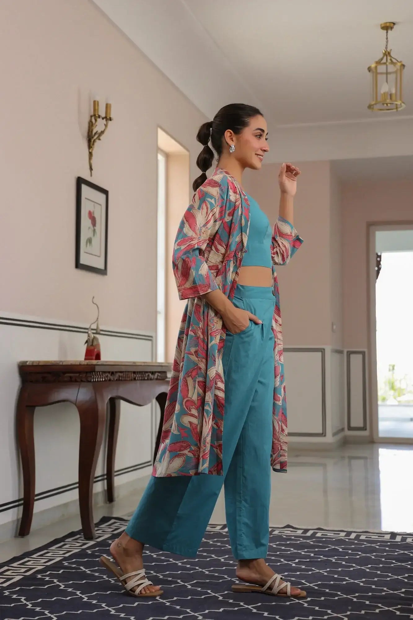 Blushing Blooms Pink And Aqua Blue Cotton Three Piece Co-ord set