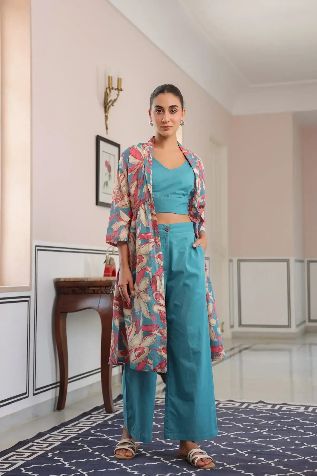 Blushing Blooms Pink And Aqua Blue Cotton Three Piece Co-ord set