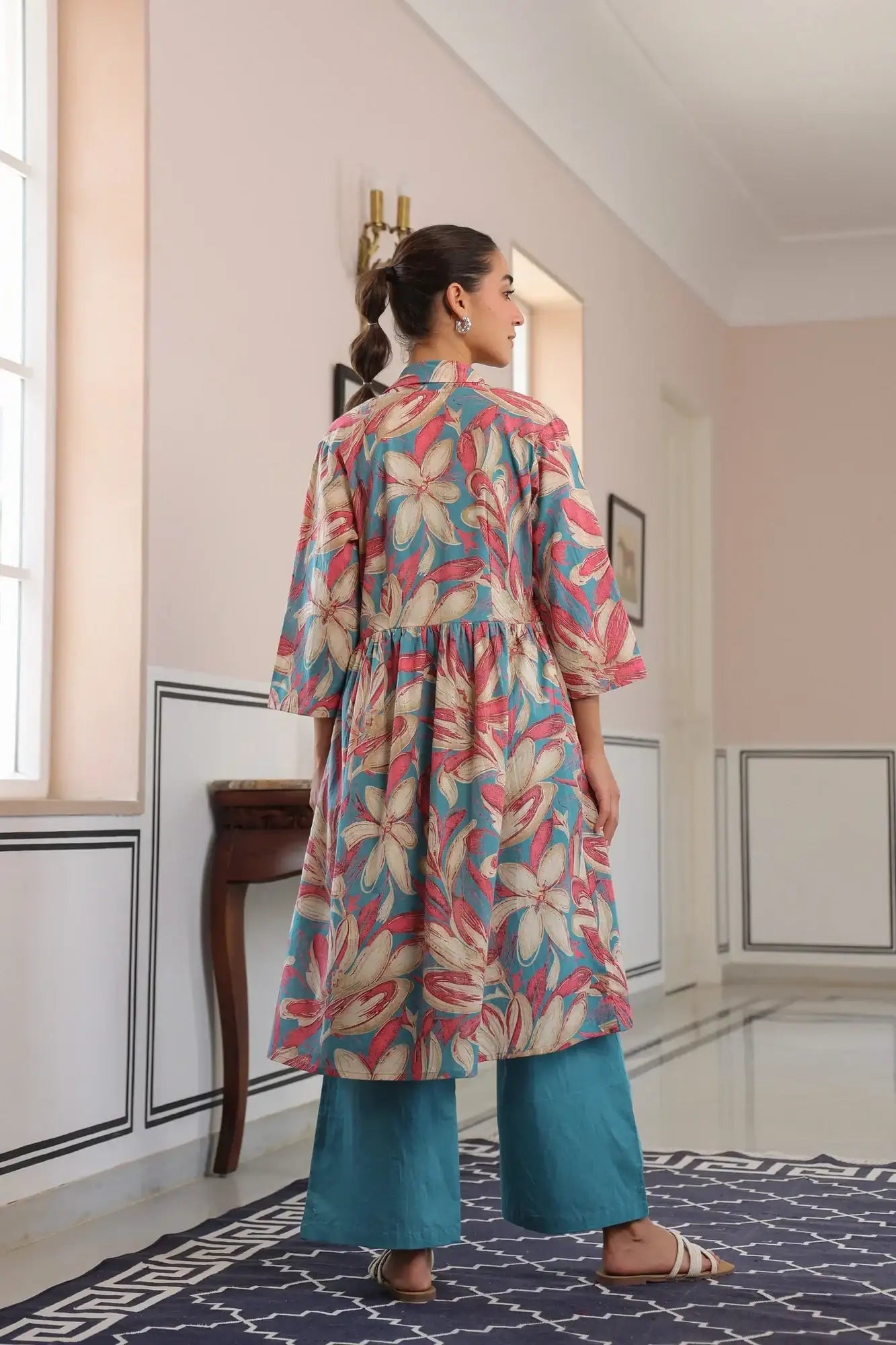 Blushing Blooms Pink And Aqua Blue Cotton Three Piece Co-ord set