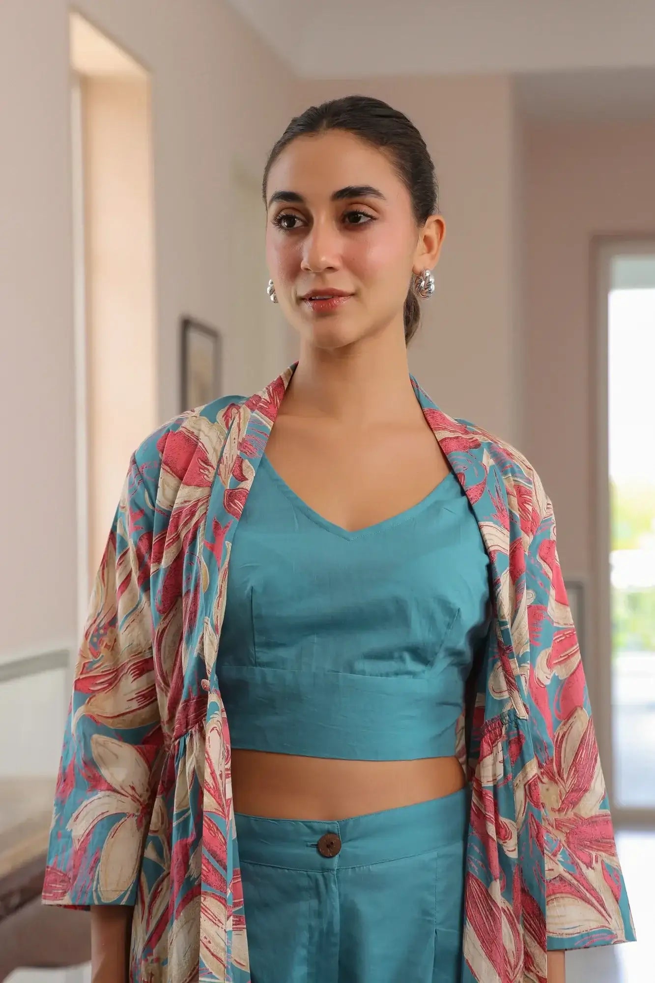 Blushing Blooms Pink And Aqua Blue Cotton Three Piece Co-ord set