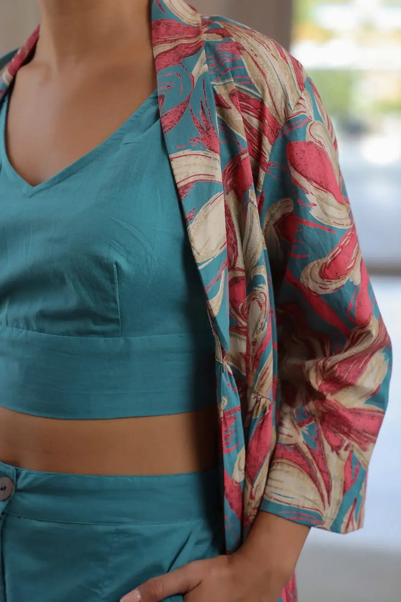 Blushing Blooms Pink And Aqua Blue Cotton Three Piece Co-ord set