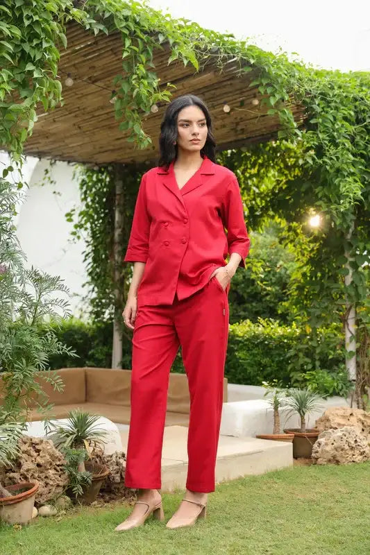 Red Blazer-Style with Notch Lapel Cotton Flex Co-ord Set