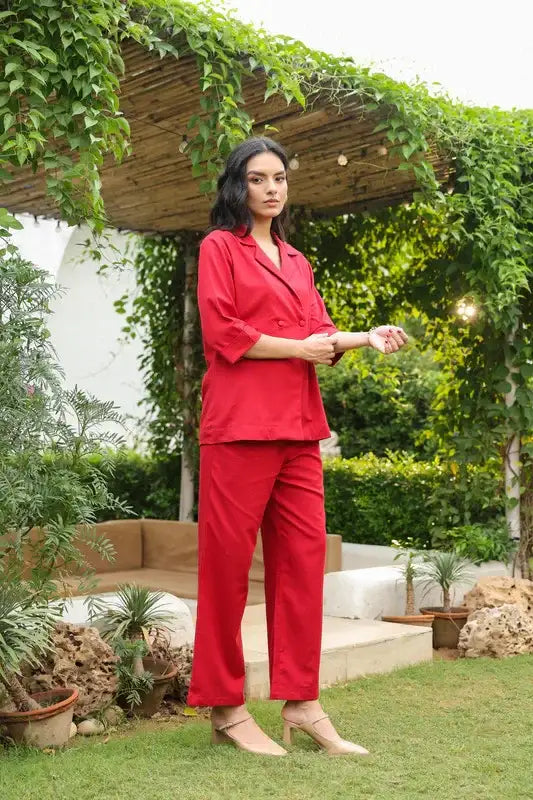 Red Blazer-Style with Notch Lapel Cotton Flex Co-ord Set