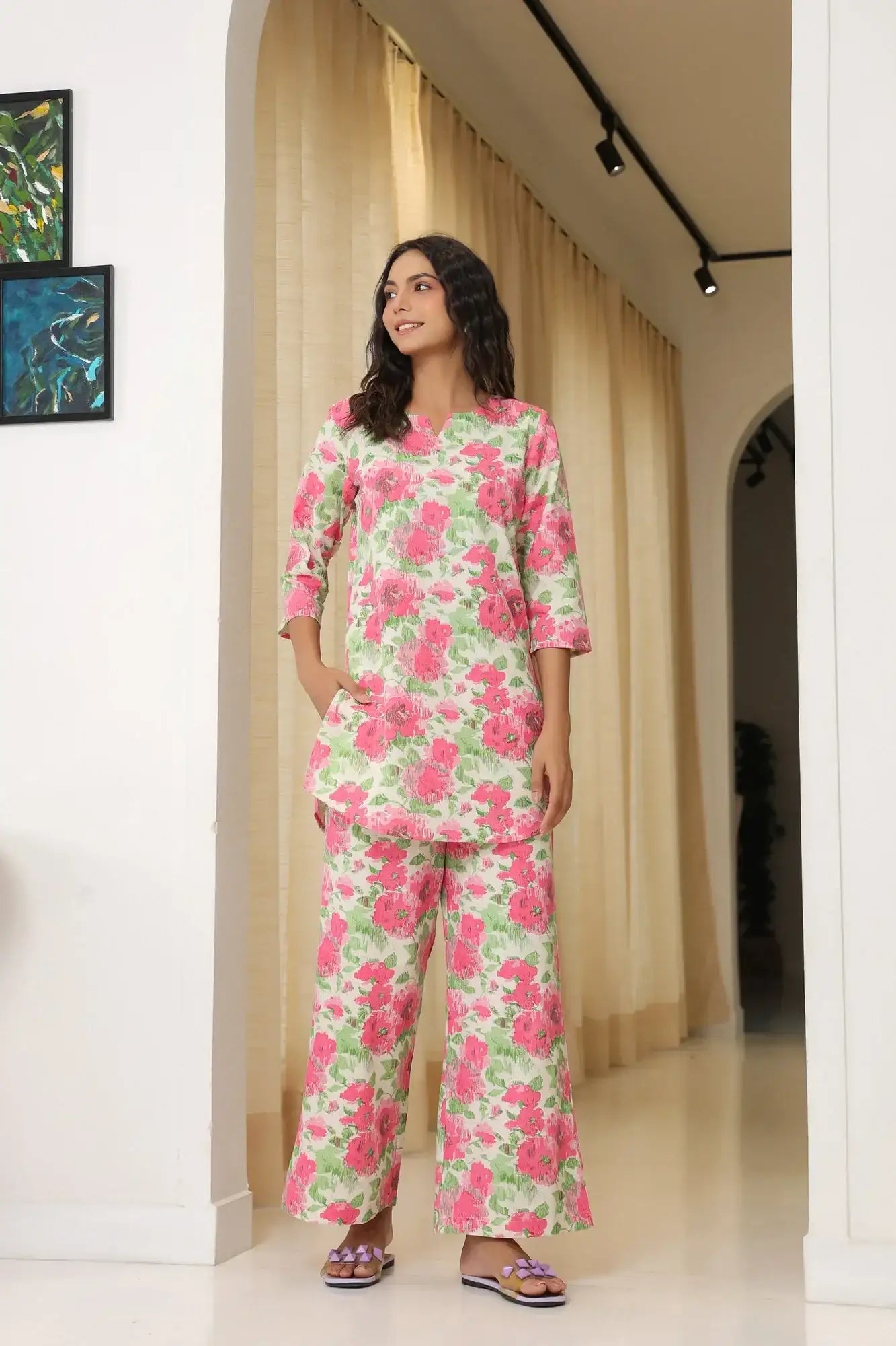 Strawberry Snap White Cotton Flex Palazzo Loungewear Set