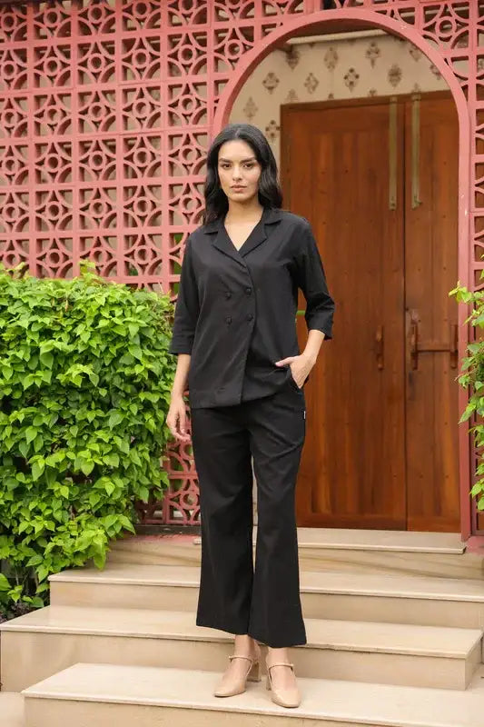Double-Breasted Blazer Black Solid Cotton Flex Co-ord Set