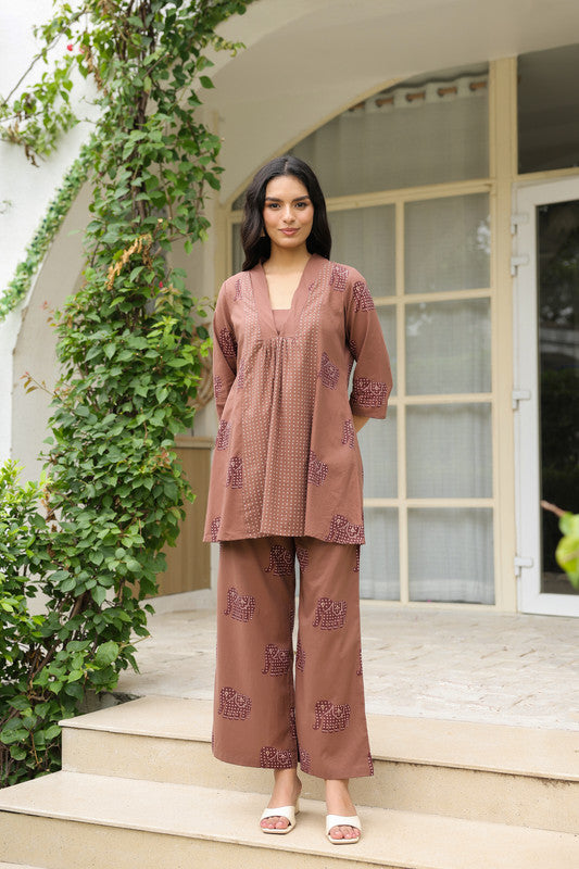 Brown Elephant Motif Printed Cotton Co-ord Set