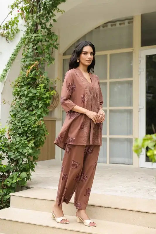 Brown Elephant Motif Printed Cotton Co-ord Set