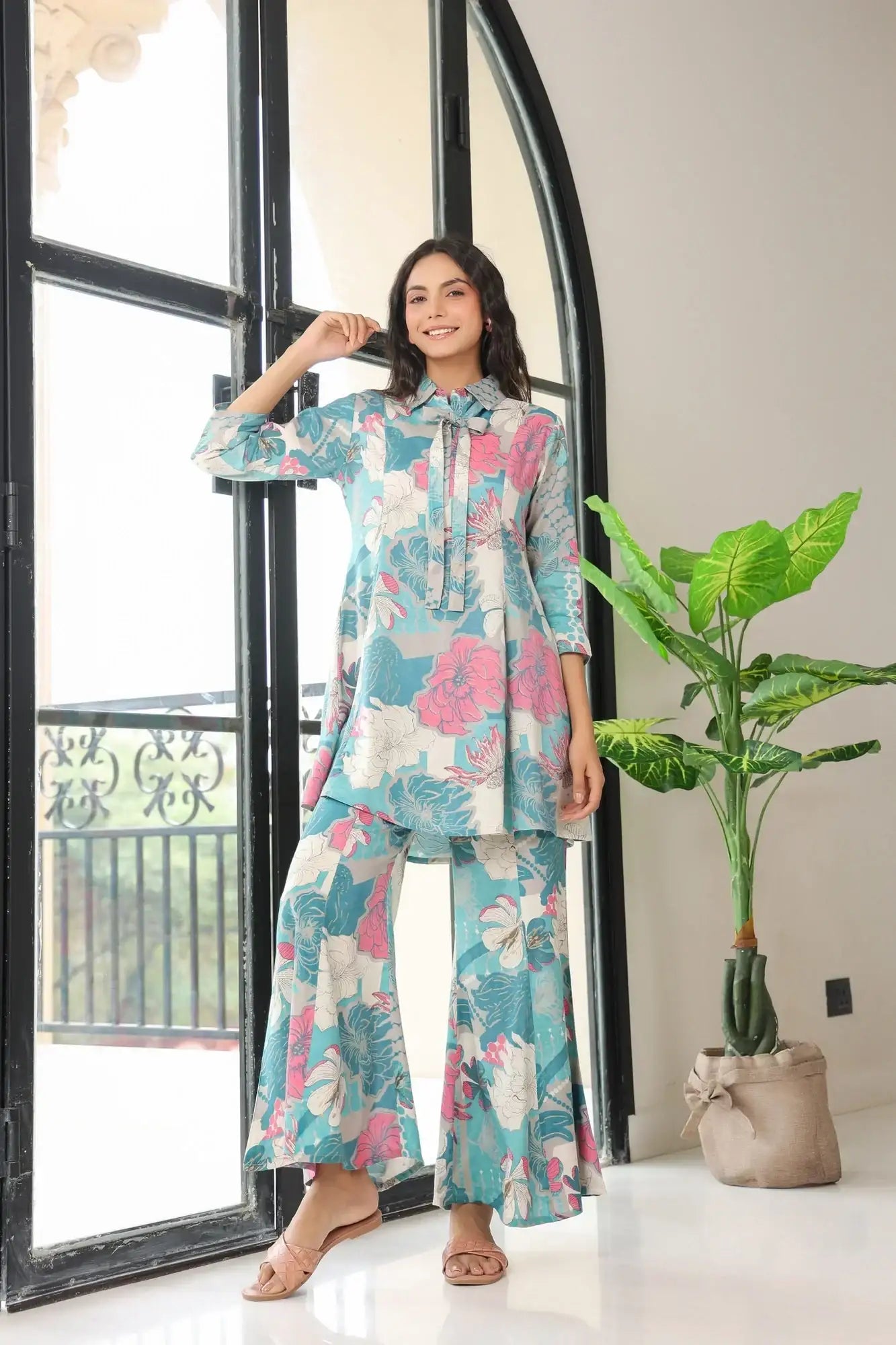 Retro Feel Blue Russian Silk Co-ord Set