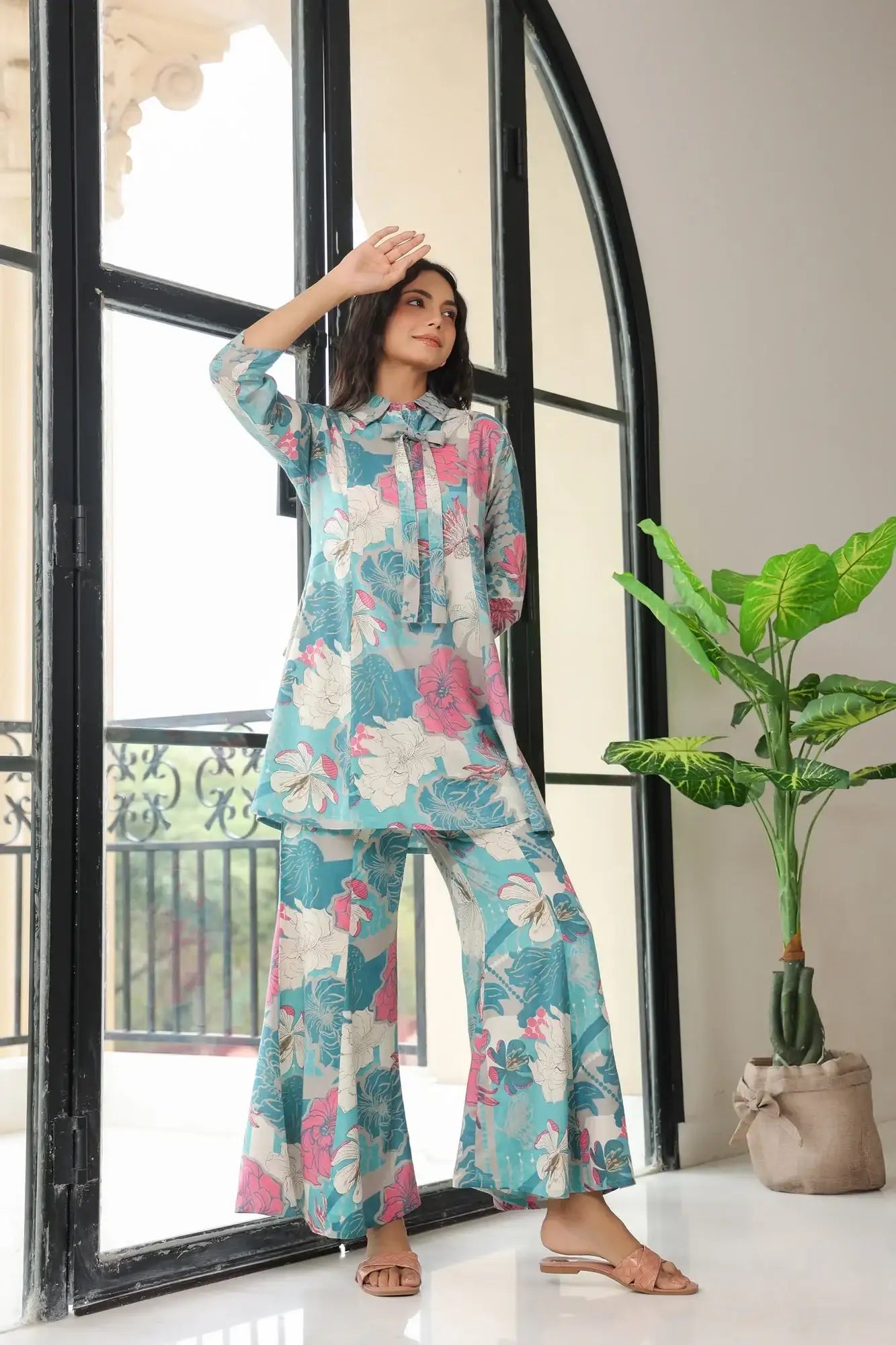 Retro Feel Blue Russian Silk Co-ord Set