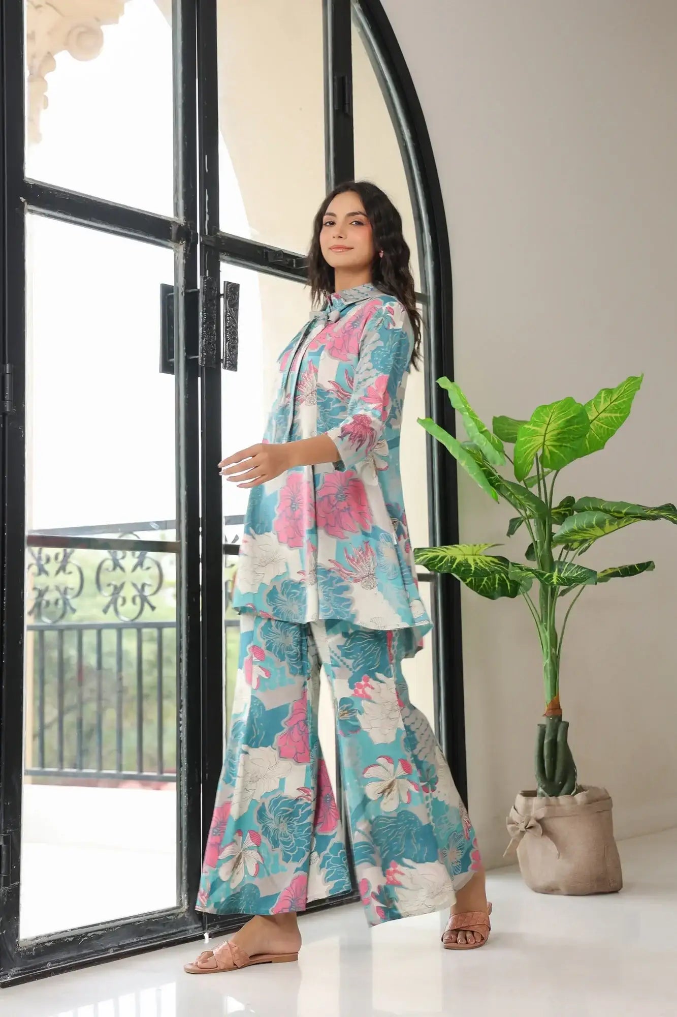 Retro Feel Blue Russian Silk Co-ord Set