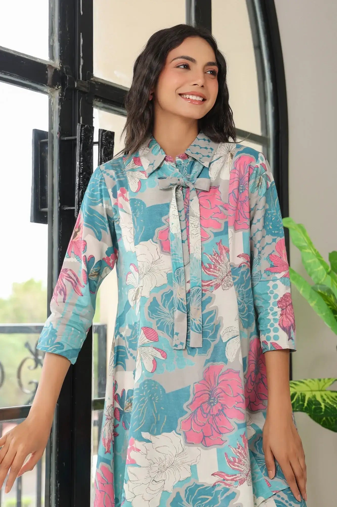 Retro Feel Blue Russian Silk Co-ord Set