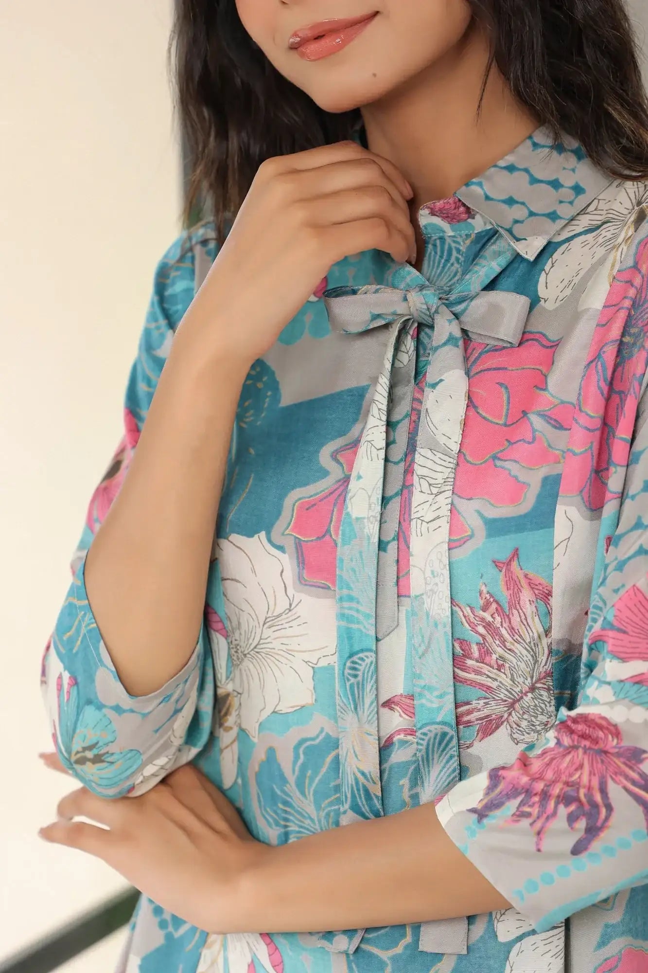 Retro Feel Blue Russian Silk Co-ord Set