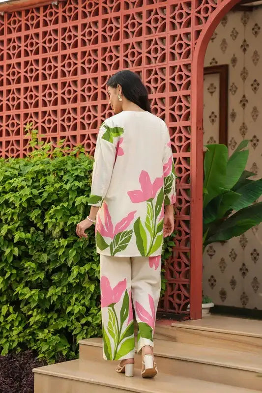 Elegant Blush Beige Floral Printed Cotton Flex Co-ord Set