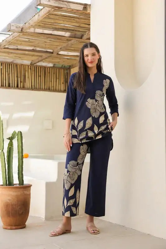 Midnight Blue Floral Line Pattern Cotton Co-ord set
