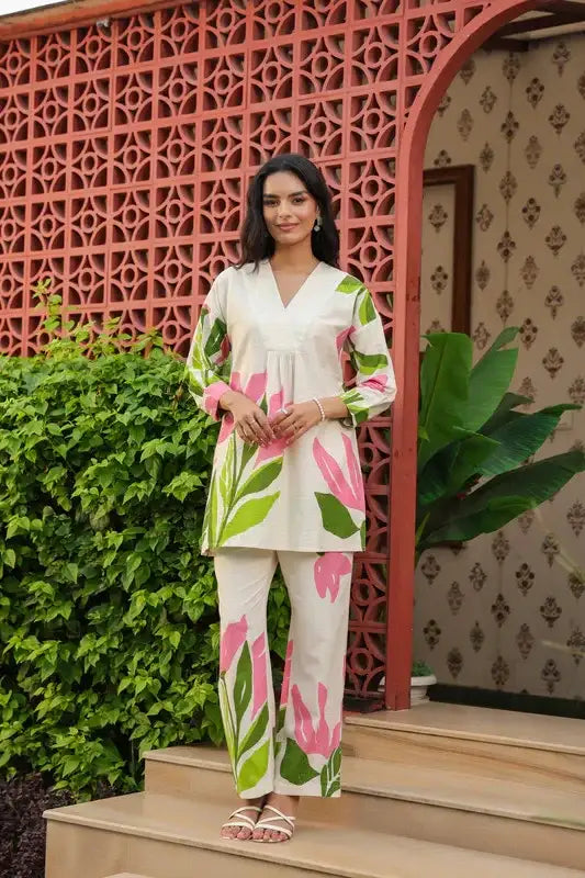 Elegant Blush Beige Floral Printed Cotton Flex Co-ord Set