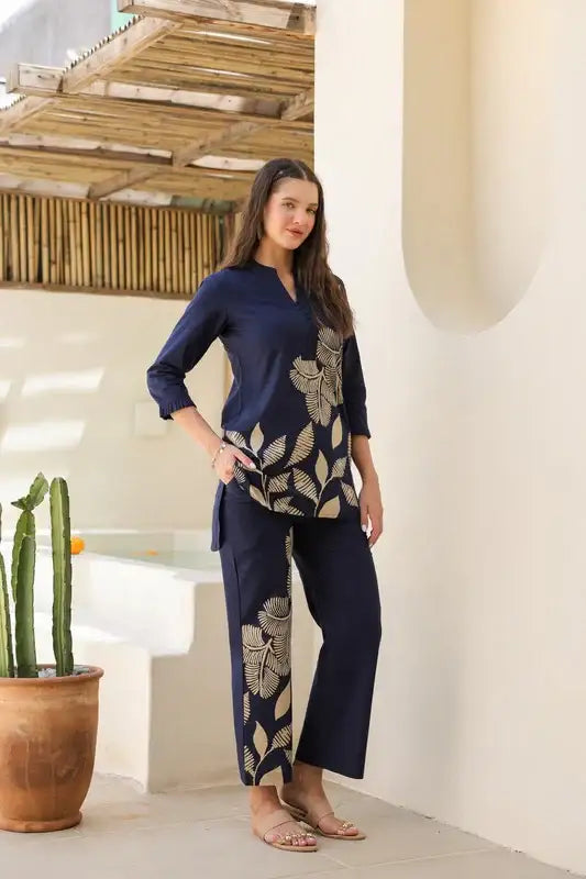 Midnight Blue Floral Line Pattern Cotton Co-ord set