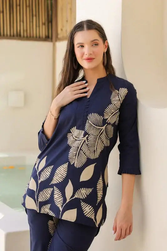 Midnight Blue Floral Line Pattern Cotton Co-ord set