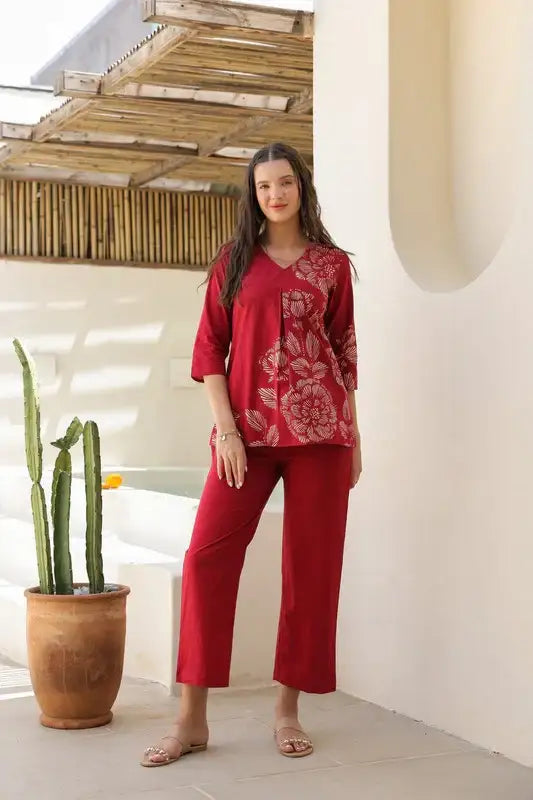 Ruby Red Floral Line Pattern Cotton Co-ord Set