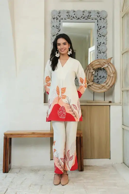 Leaf Motifs Printed Off-White and Red Cotton Flex Co-ord Set