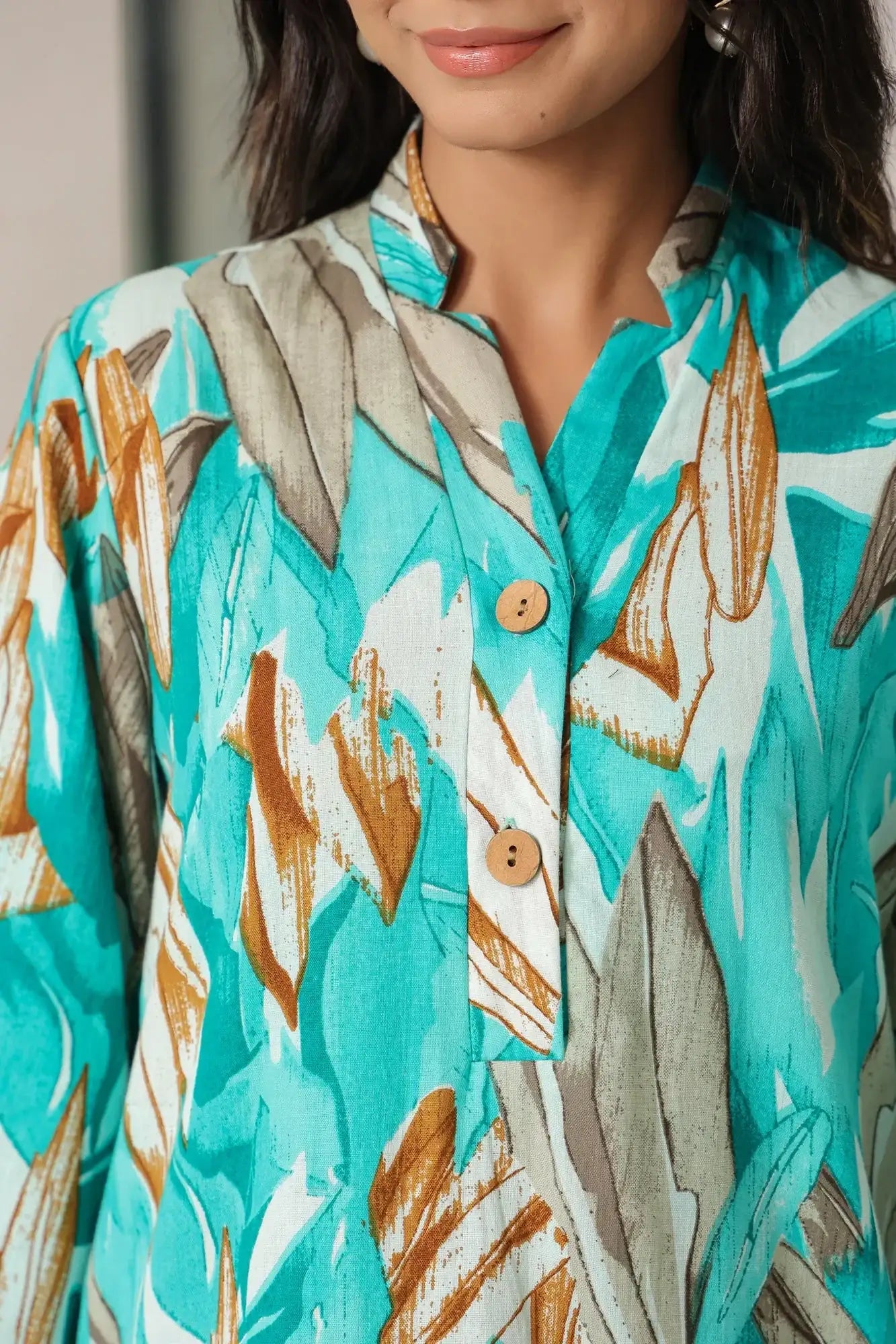 Aqua Leaves Blue Cotton Palazzo Loungewear Set