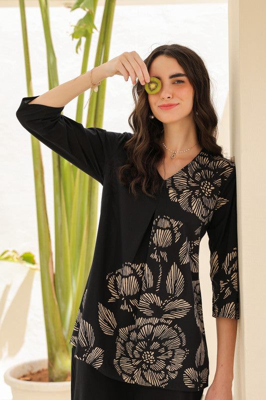 Midnight Black Floral Line Pattern Cotton Co-ord Set