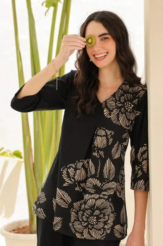 Midnight Black Floral Line Pattern Cotton Co-ord Set