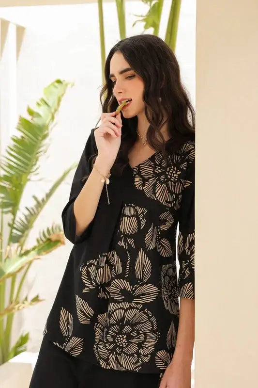 Midnight Black Floral Line Pattern Cotton Co-ord Set