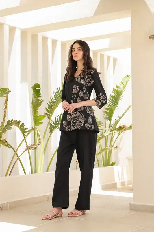 Midnight Black Floral Line Pattern Cotton Co-ord Set