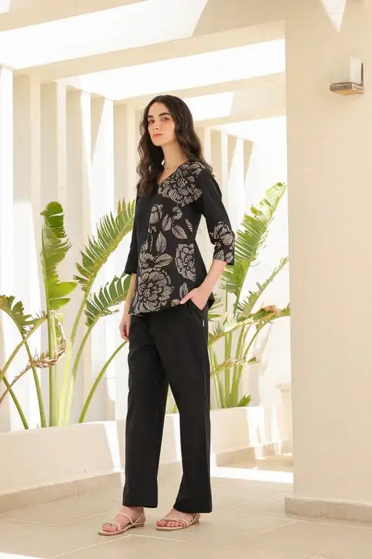 Midnight Black Floral Line Pattern Cotton Co-ord Set