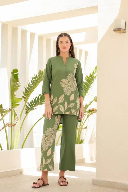 Sage Green Floral Line Pattern Cotton Co-ord set
