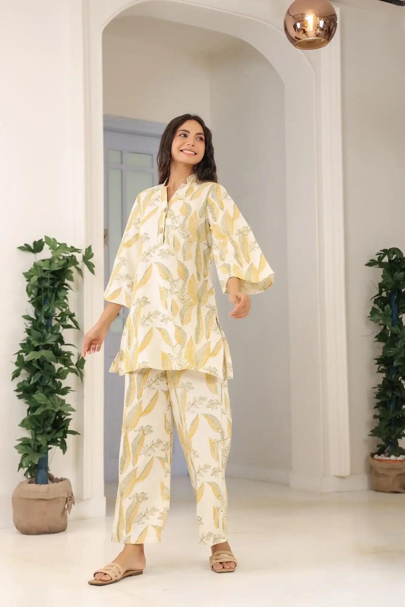 Pleasant White Cotton Flex Palazzo Loungewear Set
