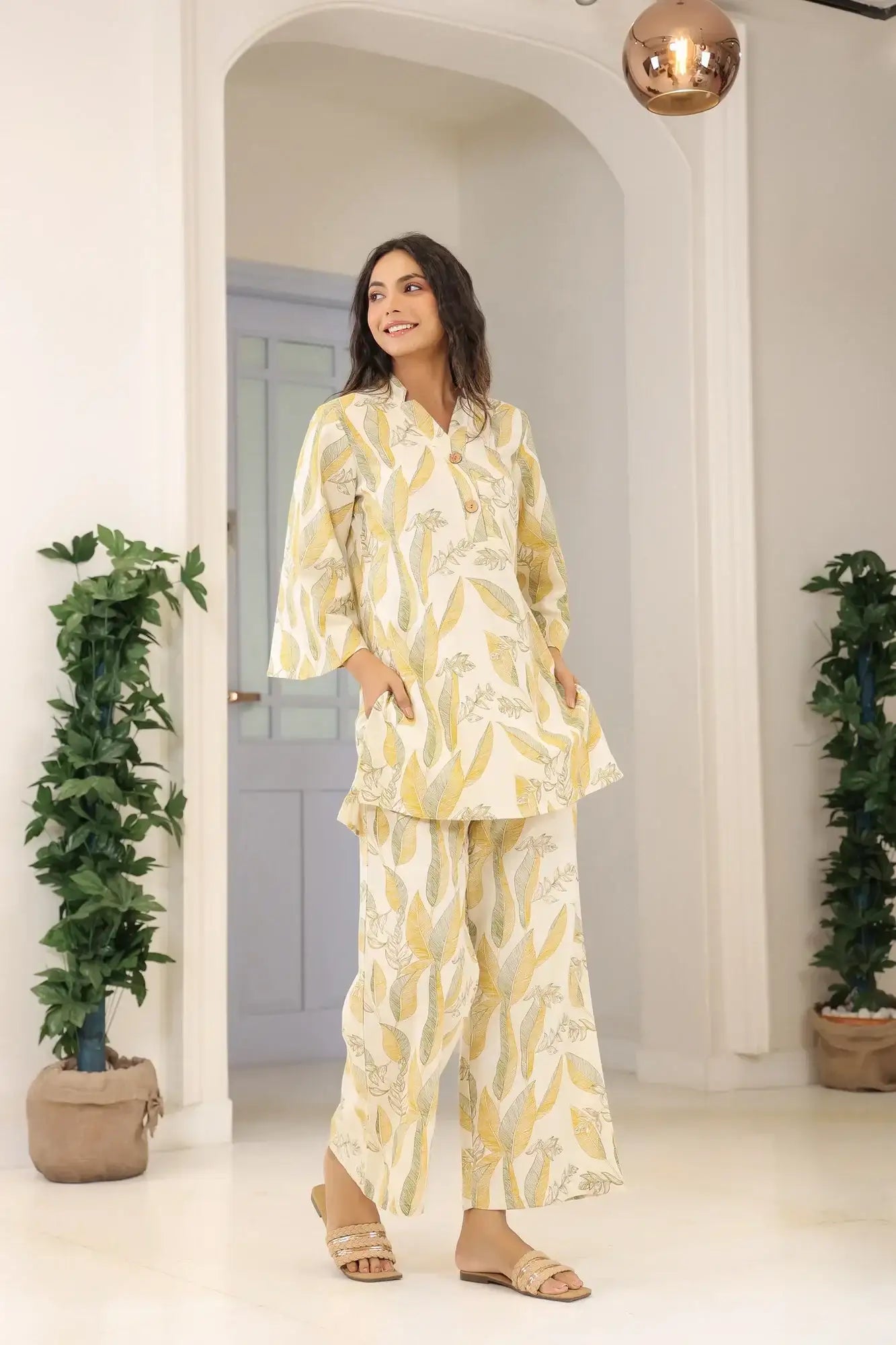Pleasant White Cotton Flex Palazzo Loungewear Set