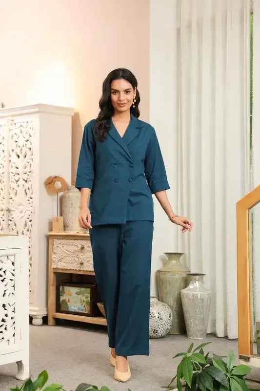 Solid Teal Blue Double-Breasted Cotton Flex Co-ord Set