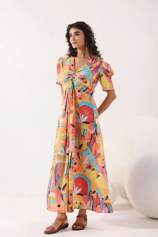 Radiant Bloom Cascade Multi Cotton Dress