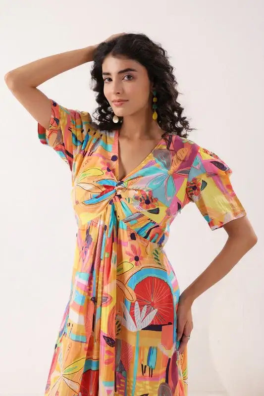Radiant Bloom Cascade Multi Cotton Dress
