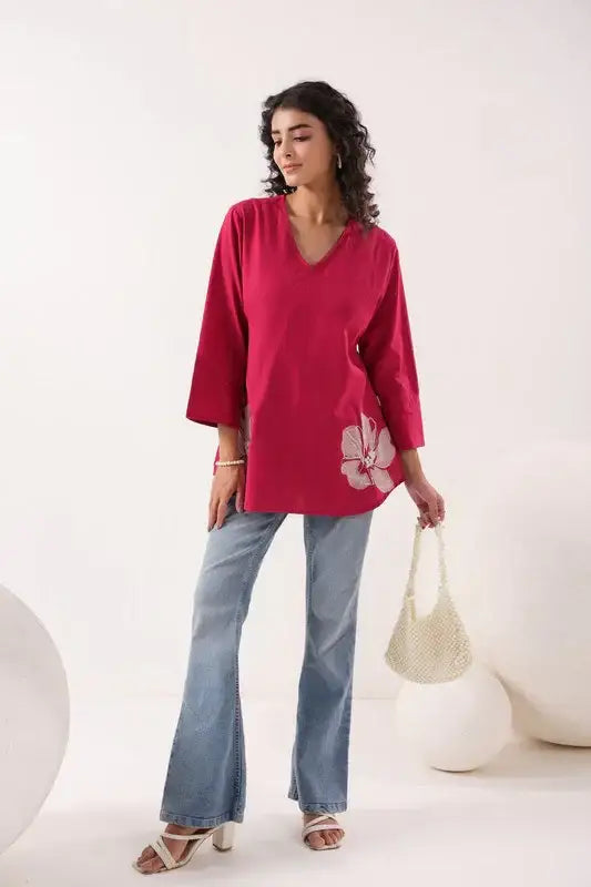 Floral Charm Maganta Cotton Flex Top