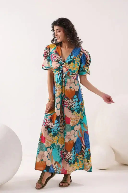 Tropical Mosaic Blue Cotton Dress