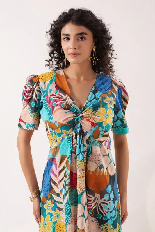 Tropical Mosaic Blue Cotton Dress